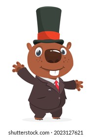 Cartoon funny beaver wearing toxedo or business suit and cylinder hat.  Vector illustration isolated