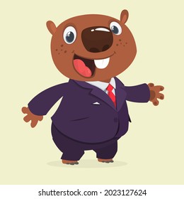 Cartoon funny beaver wearing toxedo or business suit.  Vector illustration isolated