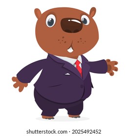 Cartoon funny beaver wearing toxedo or business suit.  Vector illustration isolated