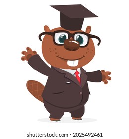 Cartoon funny beaver wearing toxedo or business suit and graduation hat.  Vector illustration isolated