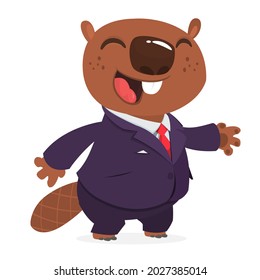 Cartoon funny beaver wearing toxedo or business suit.  Vector illustration isolated