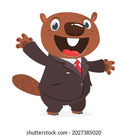 Cartoon funny beaver wearing toxedo or business suit.  Vector illustration isolated