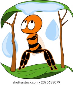 Cartoon of a funny bee taking shelter from the rain