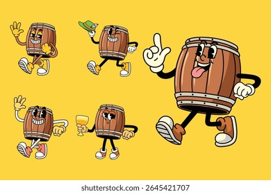 Cartoon funny Beer barrel Oktoberfest characters with expressive faces and poses in retro vintage comic style