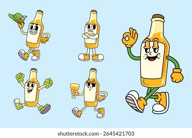 Cartoon engraçado garrafa de cerveja Oktoberfest personagens com rostos expressivos e poses em estilo de quadrinhos vintage retro