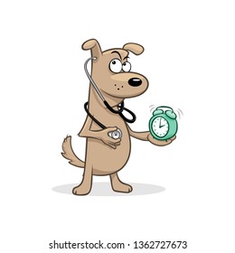 Cartoon Funny Beige Dog Doctor With Stethoscope And Mint Alarm Clock Vector Illustration