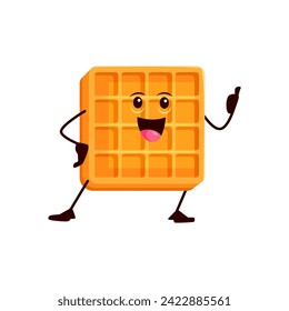 Cartoon funny Belgian wafer bakery character. Isolated vector crispy waffle with a mischievous grin and checkered texture adds a delightful crunch to breakfast. Delicious cheerful food personage