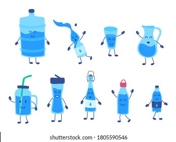 Cartoon Funny Big and Small Bottles Characters Icon Set Flat Design Style. Vector illustration of Bottle Character