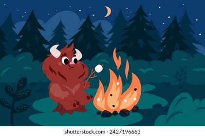 Cartoon funny bigfoot in forest. Cute brown sasquatch roasts marshmallows on campfire. Night nature. Fantastic creature. Fluffy yeti at picnic. Hiking travel. Garish