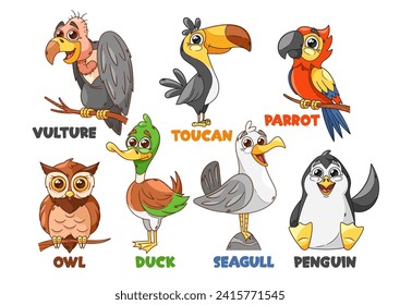 Cartoon Funny Bird Characters. Vulture, Toucan, Parrot and Owl, Duck, Seagull or Penguin Colorful Cute Avian Personages