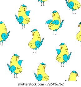 Cartoon funny bird in different poses seamless. Color pattern.