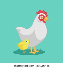 cartoon, funny bird,farm.Vector Illustration of hen with chicken.isolated on white background.