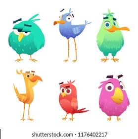 Cartoon funny birds. Faces of cute animals colored baby eagles happy birds. Vector clipart characters isolated. Animal bird happy, character funny different illustration