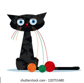 Cartoon funny black cat with a clew of yarn instead of whiskers