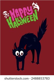 Cartoon funny black witch cat vector illustration isolated.