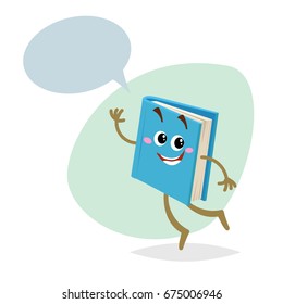 Cartoon funny blue book mascot on round background. Dummy speech bubble. Wide smile character. Education and school vector illustration icon.