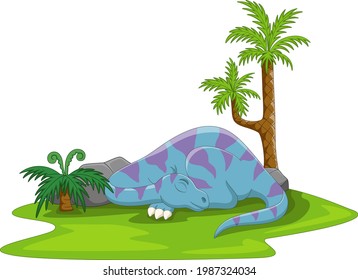 Cartoon funny blue dinosaur sleeping