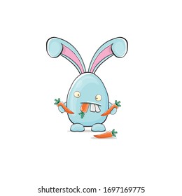 Cartoon funny blue easter bunny holding two orange carrots isolated on white background. Easter hand drawn blue cute rabbit sticker or label