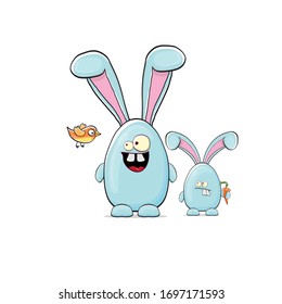 Cartoon funny blue easter bunny holding orange carrot isolated on white background. Easter hand drawn blue cute rabbit sticker or label