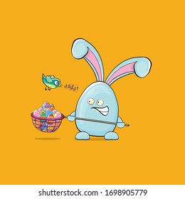 Cartoon funny cartoon blue easter bunny holding butterfly net full of colorful easter eggs inside isolated on orange background. Easter hand drawn blue cute rabbit sticker or label