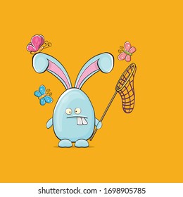 Cartoon funny cartoon blue easter bunny holding butterfly isolated on orange background. Easter hand drawn blue cute rabbit sticker or label