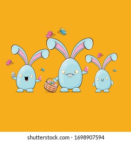 Cartoon funny cartoon blue easter bunny holding easter backet with full of  colorful easter eggs isolated on orange background. Easter hand drawn blue cute rabbit sticker or label