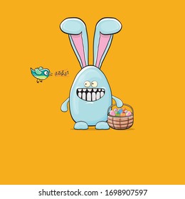 Cartoon funny cartoon blue easter bunny holding easter backet with full of  colorful easter eggs isolated on orange background. Easter hand drawn blue cute rabbit sticker or label