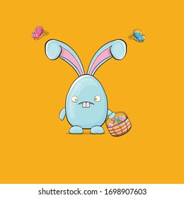 Cartoon funny cartoon blue easter bunny holding easter backet with full of  colorful easter eggs isolated on orange background. Easter hand drawn blue cute rabbit sticker or label