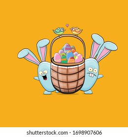 Cartoon funny cartoon blue easter bunny holding easter backet with full of  colorful easter eggs isolated on orange background. Easter hand drawn blue cute rabbit sticker or label