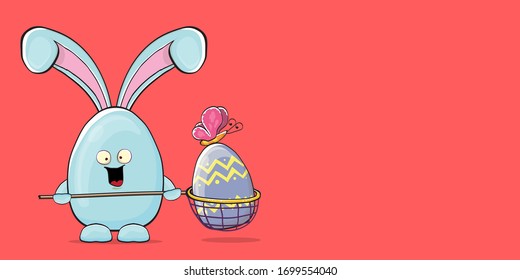 Cartoon funny cartoon blue easter bunny holding butterfly net full of colorful easter eggs inside isolated on horizontal banner pink background. Easter hand drawn blue cute rabbit sticker or label