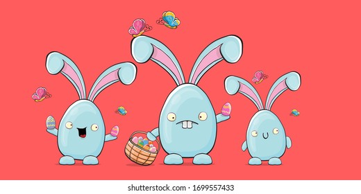 Cartoon funny cartoon blue easter bunny holding easter backet with full of  colorful easter eggs isolated on pink horizontal banner background. Easter hand drawn blue cute rabbit sticker or label