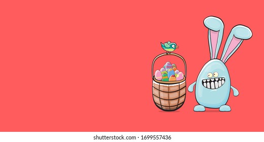 Cartoon funny cartoon blue easter bunny holding easter backet with full of  colorful easter eggs isolated on pink horizontal banner background. Easter hand drawn blue cute rabbit sticker or label