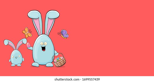 Cartoon funny cartoon blue easter bunny holding easter backet with full of  colorful easter eggs isolated on pink horizontal banner background. Easter hand drawn blue cute rabbit sticker or label