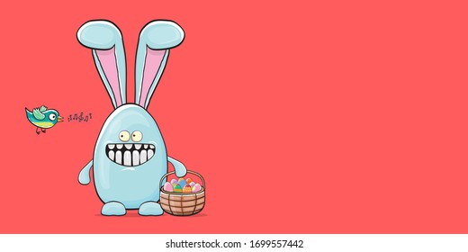 Cartoon funny cartoon blue easter bunny holding easter backet with full of  colorful easter eggs isolated on pink horizontal banner background. Easter hand drawn blue cute rabbit sticker or label
