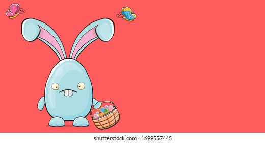Cartoon funny cartoon blue easter bunny holding easter backet with full of  colorful easter eggs isolated on pink horizontal banner background. Easter hand drawn blue cute rabbit sticker or label