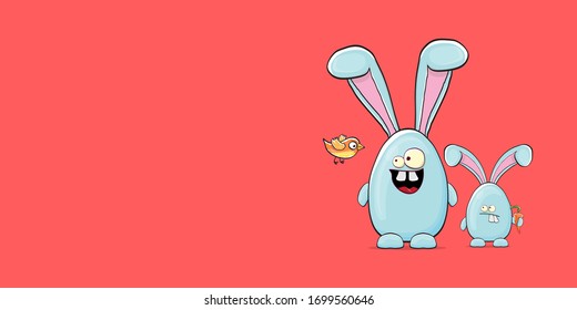 Cartoon funny cartoon blue easter bunny isolated on pink horizontal banner background. Easter hand drawn blue cute rabbit sticker or label