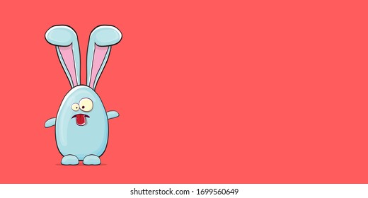 Cartoon funny cartoon blue easter bunny isolated on pink horizontal banner background. Easter hand drawn blue cute rabbit sticker or label