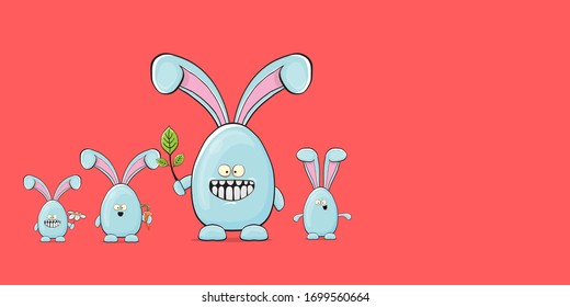 Cartoon funny cartoon blue easter bunny isolated on pink horizontal banner background. Easter hand drawn blue cute rabbit sticker or label