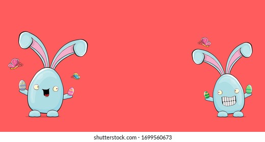 Cartoon lustige Cartoon blauen Ostersonne einzeln auf rosafarbenem horizontalen Banner-Hintergrund. Osterhandgezeichnet, blauer, süßer Kaninchenaufkleber oder -etikett