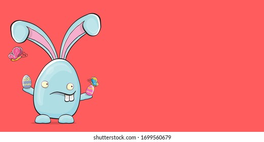 Cartoon funny cartoon blue easter bunny isolated on pink horizontal banner background. Easter hand drawn blue cute rabbit sticker or label