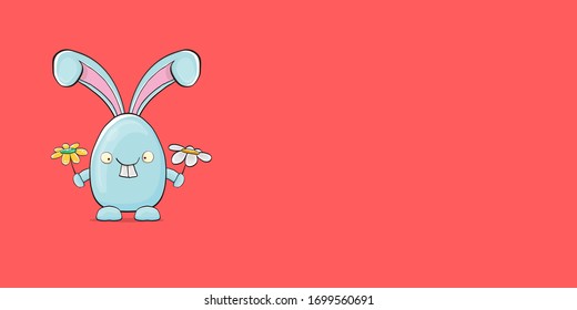 Cartoon funny cartoon blue easter bunny isolated on pink horizontal banner background. Easter hand drawn blue cute rabbit sticker or label