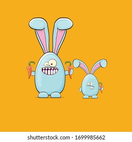 Caricatura divertida caricatura conejo azul de Pascua aislado en fondo naranja. Etiqueta o pegatina de conejo azul tierno dibujada a mano de Pascua