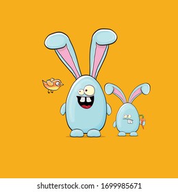 Cartoon funny cartoon blue easter bunny isolated on orange background. Easter hand drawn blue cute rabbit sticker or label