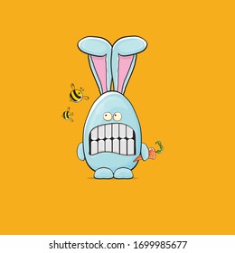 Cartoon funny cartoon blue easter bunny isolated on orange background. Easter hand drawn blue cute rabbit sticker or label