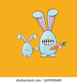 Cartoon funny cartoon blue easter bunny isolated on orange background. Easter hand drawn blue cute rabbit sticker or label