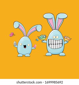 Caricatura divertida caricatura conejo azul de Pascua aislado en fondo naranja. Etiqueta o pegatina de conejo azul tierno dibujada a mano de Pascua