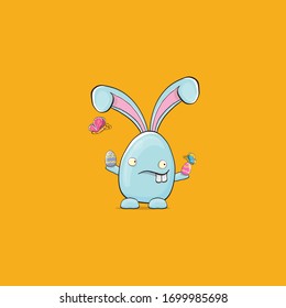 Cartoon funny cartoon blue easter bunny isolated on orange background. Easter hand drawn blue cute rabbit sticker or label