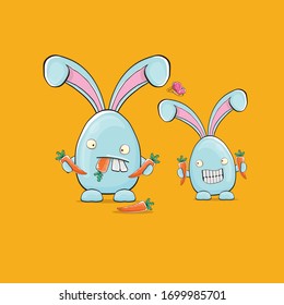 Cartoon funny cartoon blue easter bunny isolated on orange background. Easter hand drawn blue cute rabbit sticker or label