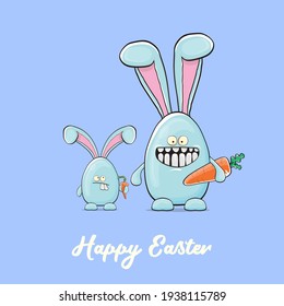 Cartoon funny cartoon blue easter bunny isolated on orange background. Easter hand drawn blue cute rabbit sticker or label