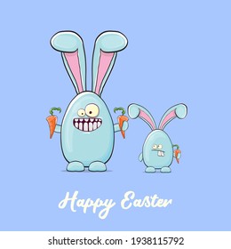 Cartoon funny cartoon blue easter bunny isolated on orange background. Easter hand drawn blue cute rabbit sticker or label